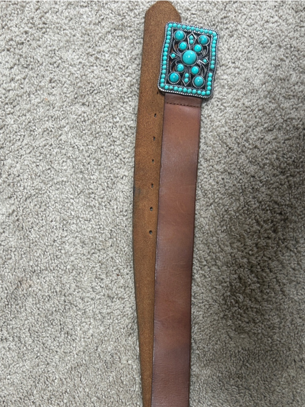 Brown Leather Womens / Mens Belt with Turquoise Accent Buckle